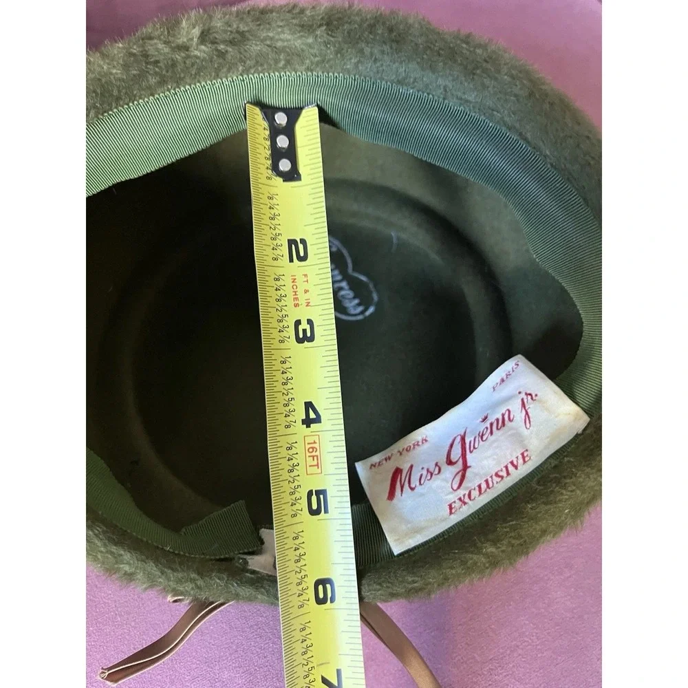 Vintage‎ Miss Gwenn Jr Olive Green Faux Fur Pillbox Hat Satin Bow 1960s Retro 22